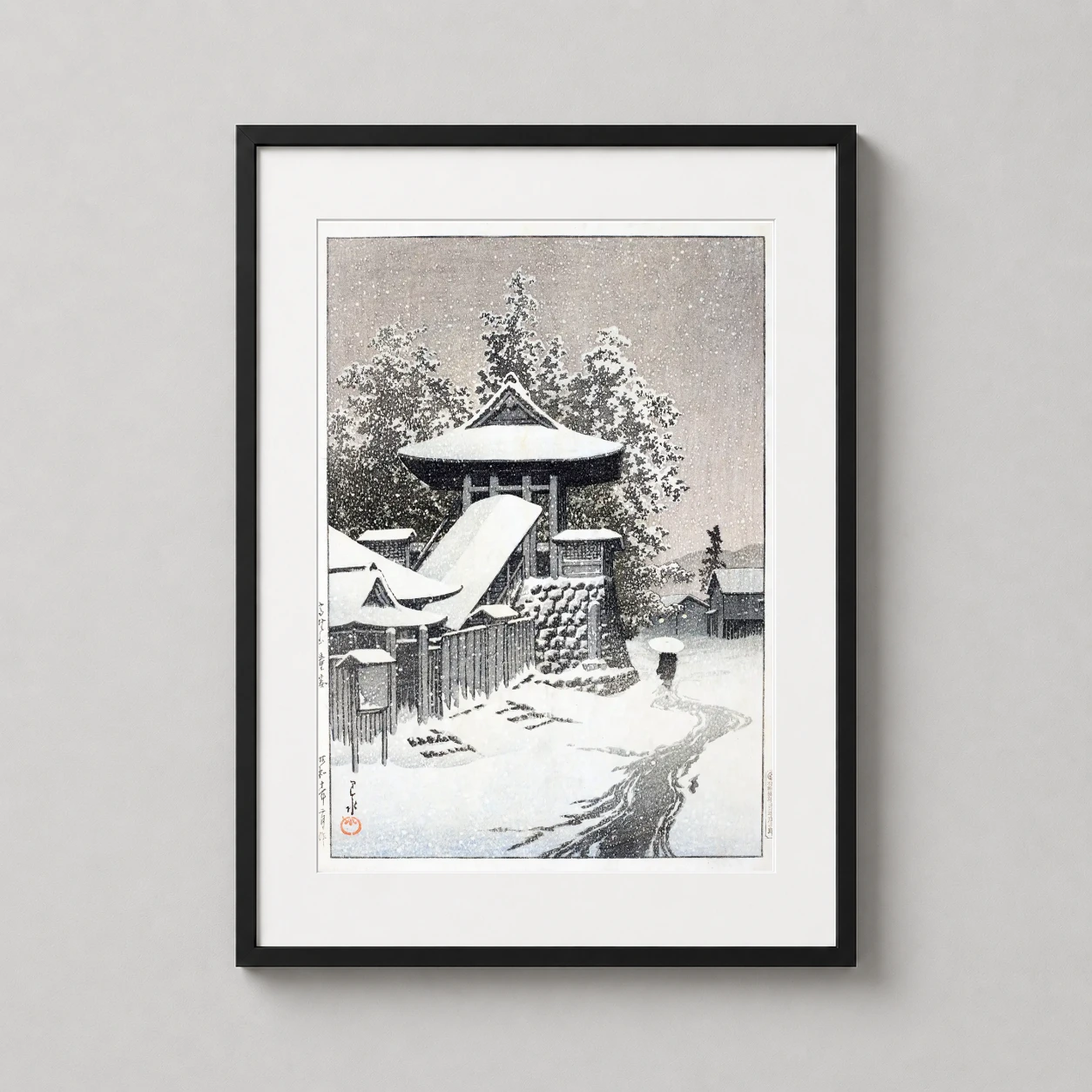 Room mockup of Bell Tower at Mount Koya, 1935 by Kawase Hasui Art Print, displayed as framed wall art in a bedroom setting as a portrait print.
