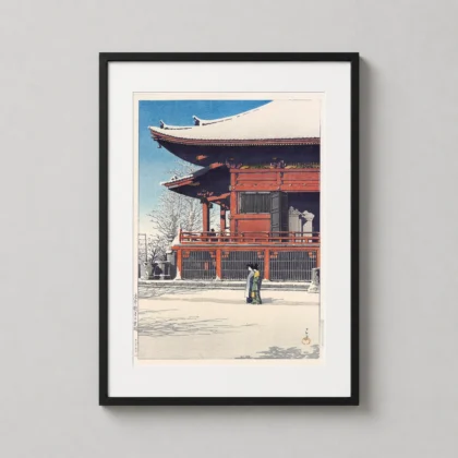 Hasui Kawase – Clearing Sky After Snow Asakusa Temple decorative Japanese woodblock print for curated interiors by MerchFuse
