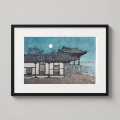 Japanese Temple Moonlit Architecture Vintage wall print with quiet seasonal atmosphere by MerchFuse