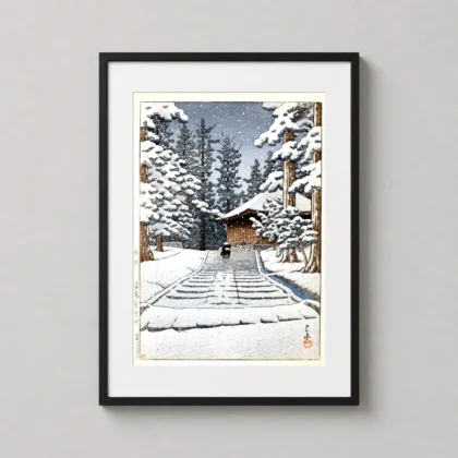 Kawase Hasui – 1957 Hall of the Golden Hue Hiraizumi Snow wall print with quiet seasonal atmosphere by MerchFuse