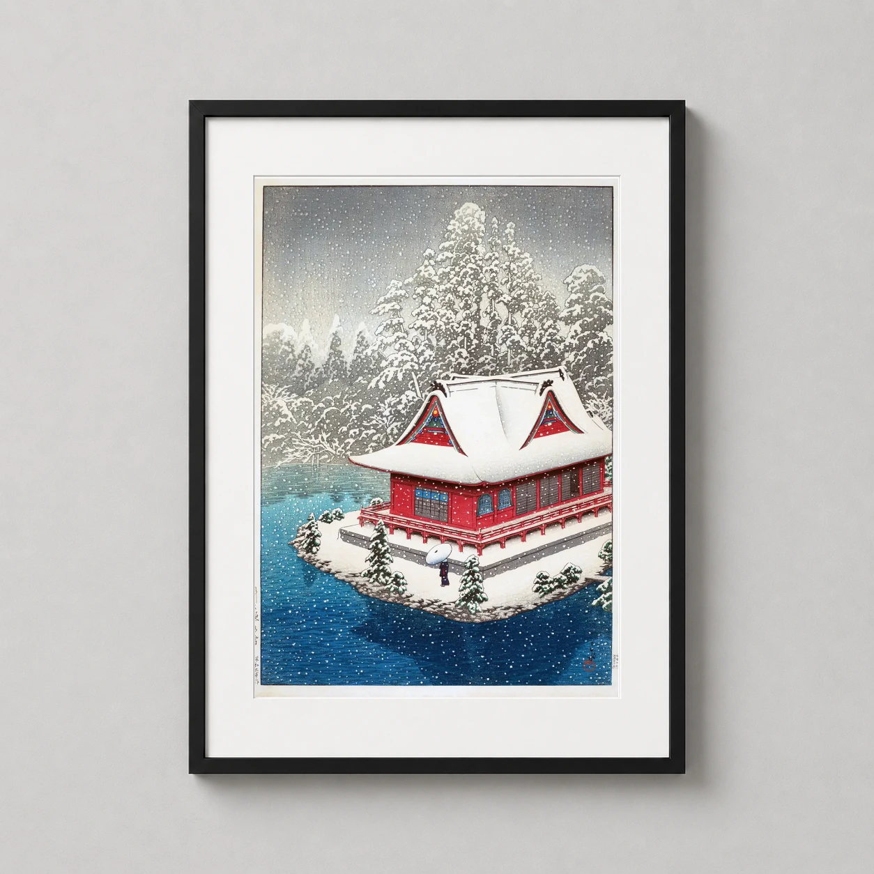 Inokashira Benzaiten Shrine Snow — vibrant red shrine stands against a blanket of white snow and towering