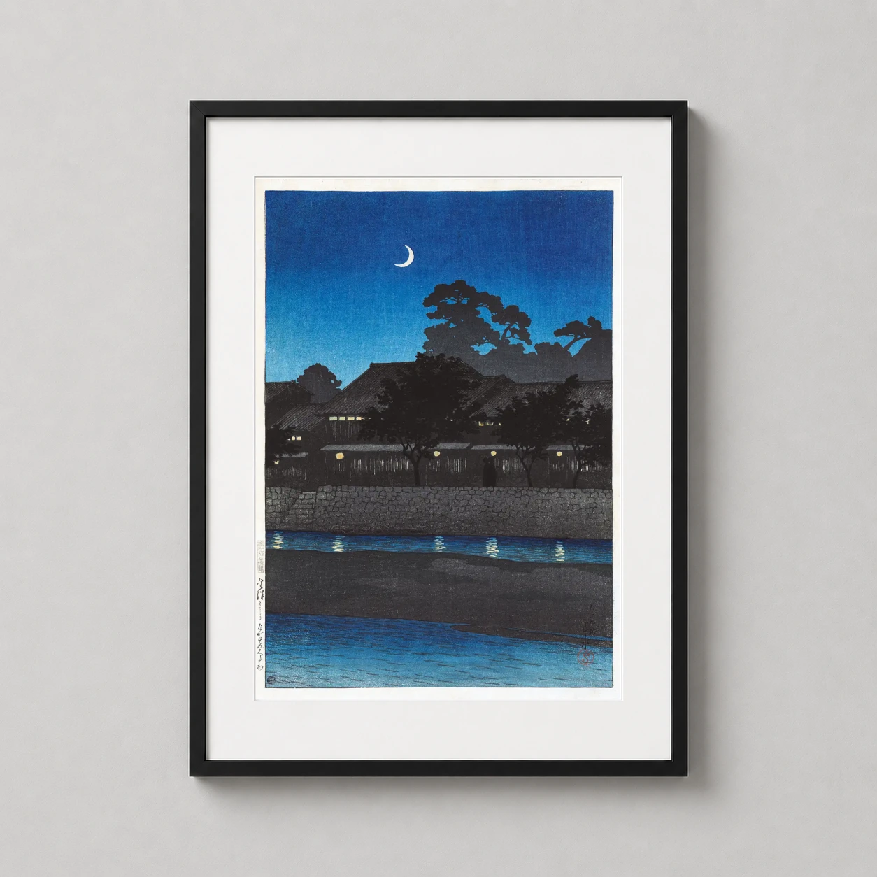 Room mockup of Kawase Hasui, Nagare No Kuruwa, Kanazawa 1920 Art Print, displayed as framed wall art in a bedroom setting as a portrait print with blue tones.