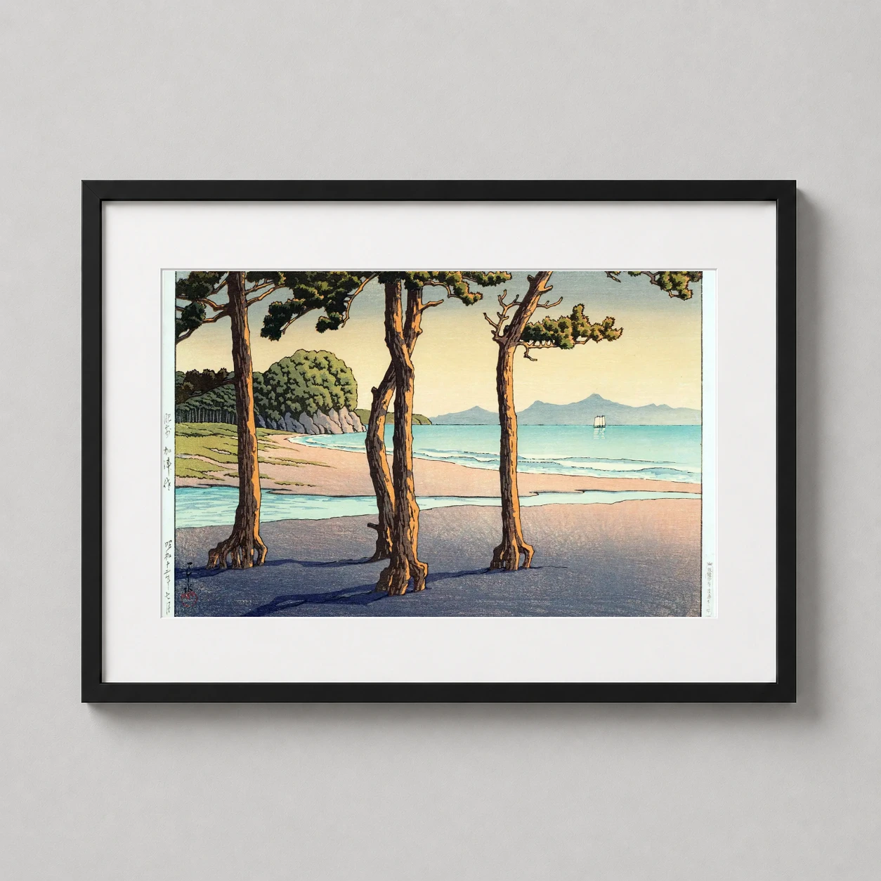 Room mockup of Katsusa Hizen Province by Kawase Hasui, Japanese Art Print, displayed as framed wall art in a bedroom setting as a landscape print with blue and yellow tones.