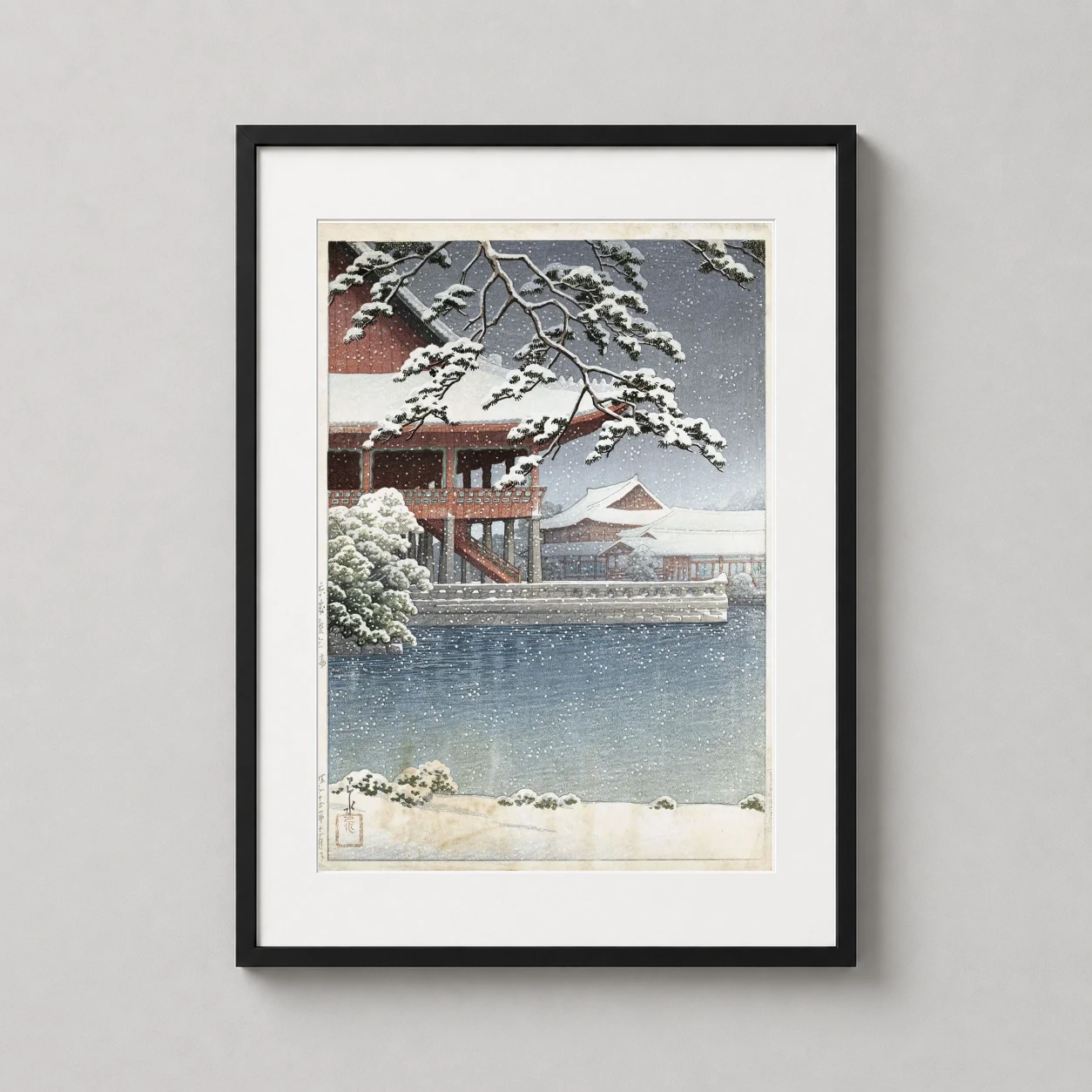 Room mockup of Kyojo Keikaro Kyonghwe Pavilion, Japanese Woodblock Art Print, displayed as framed wall art in a bedroom setting as a portrait print.