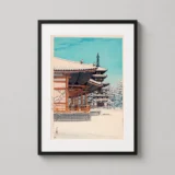 Nara Yakushiji Temple in Winter Snow, Japanese Woodblock Art Print