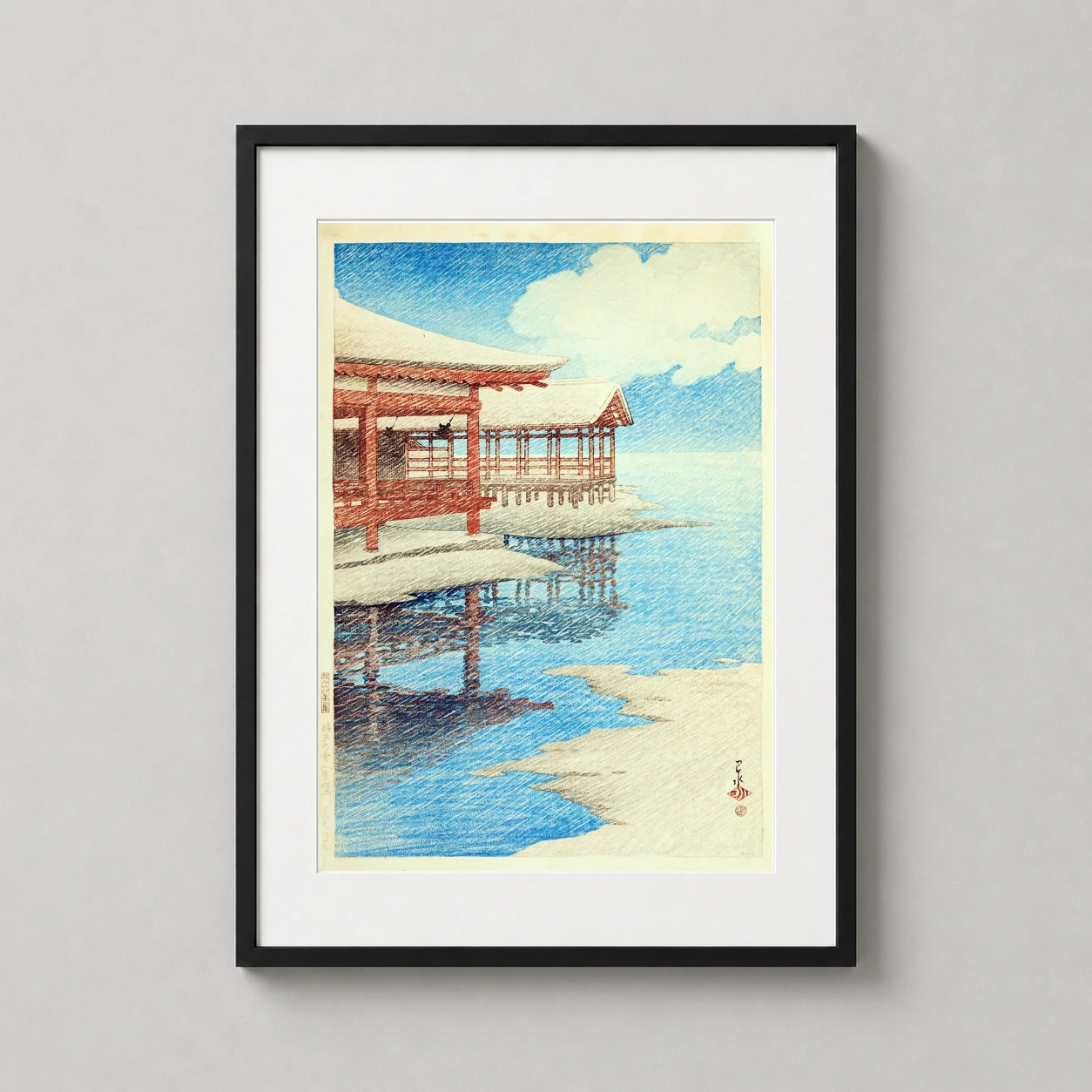 Room mockup of Miyajima Winter Sky Itsukushima Shrine Japanese Art Print, displayed as framed wall art in a bedroom setting as a portrait print with blue and red tones.