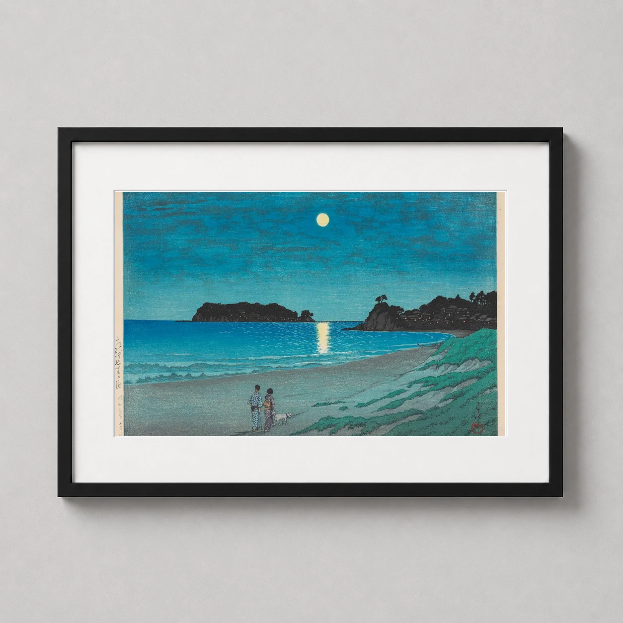 Room mockup of Shichirigahama Beach at Night by Kawase Hasui, 1930 Art Print, displayed as framed wall art in a bedroom setting as a landscape print with blue tones.
