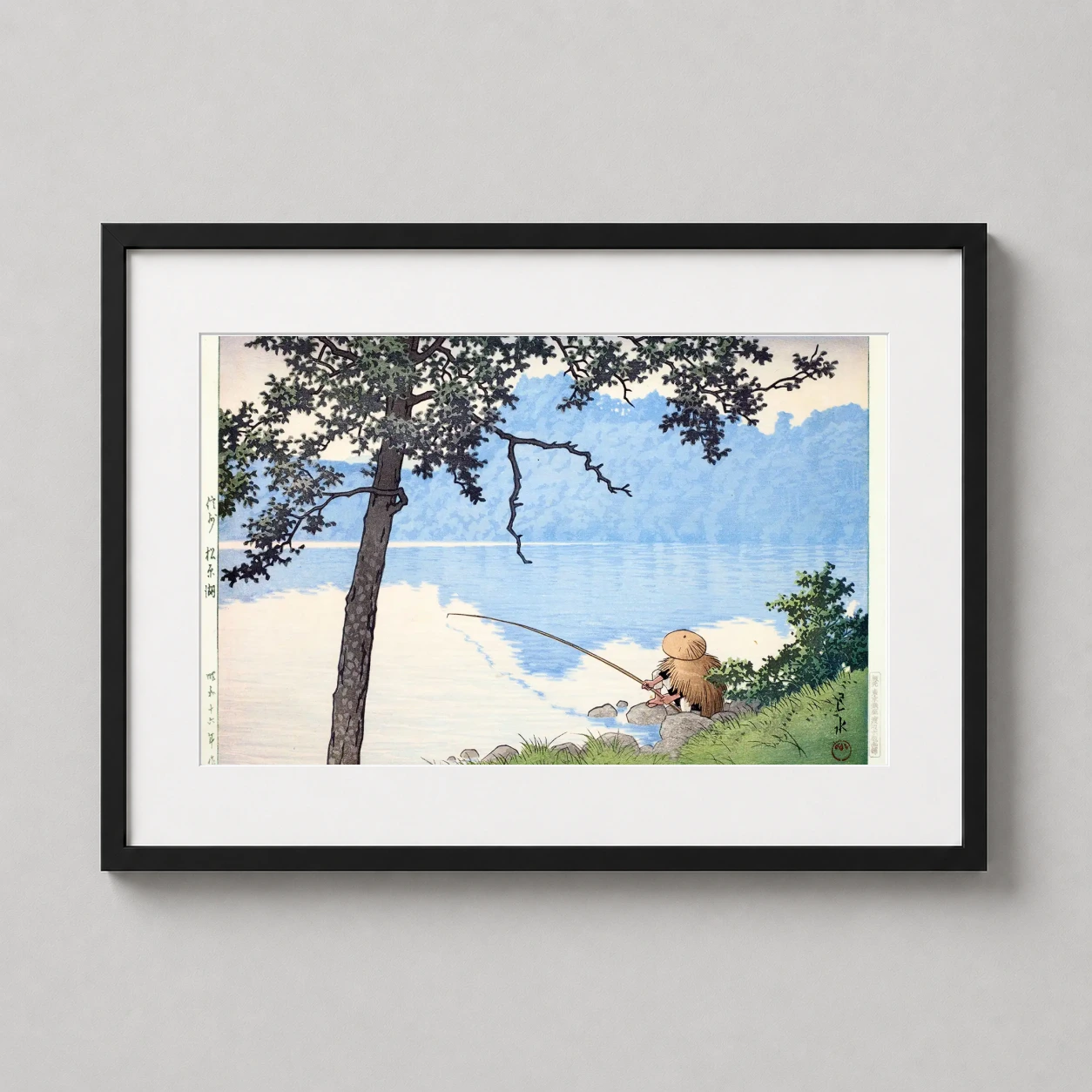 Room mockup of Shinshu Matsubarako, Lake Matsubara Japanese Woodblock Art Print, displayed as framed wall art in a bedroom setting as a landscape print with blue and green tones.