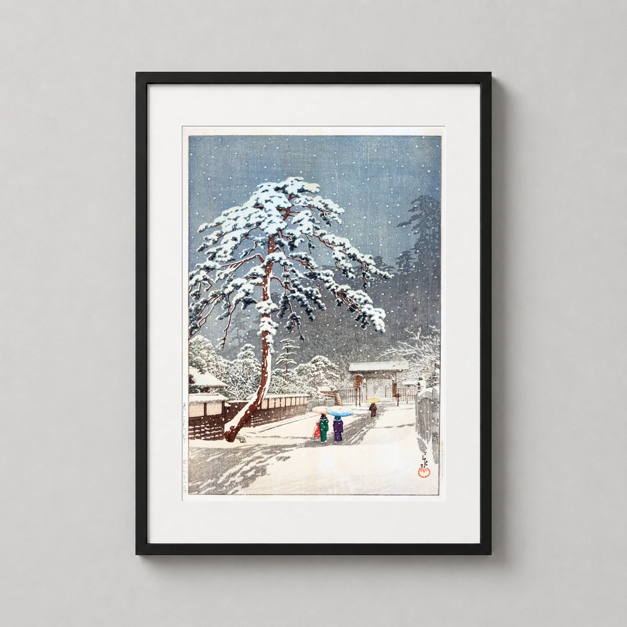 Snow Nezu Gongen Shrine — serene winter woodblock print by Kawase Hasui featuring figures with