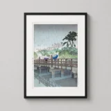 Benkei Bridge Spring Rain Japanese Woodblock Landscape Art Print