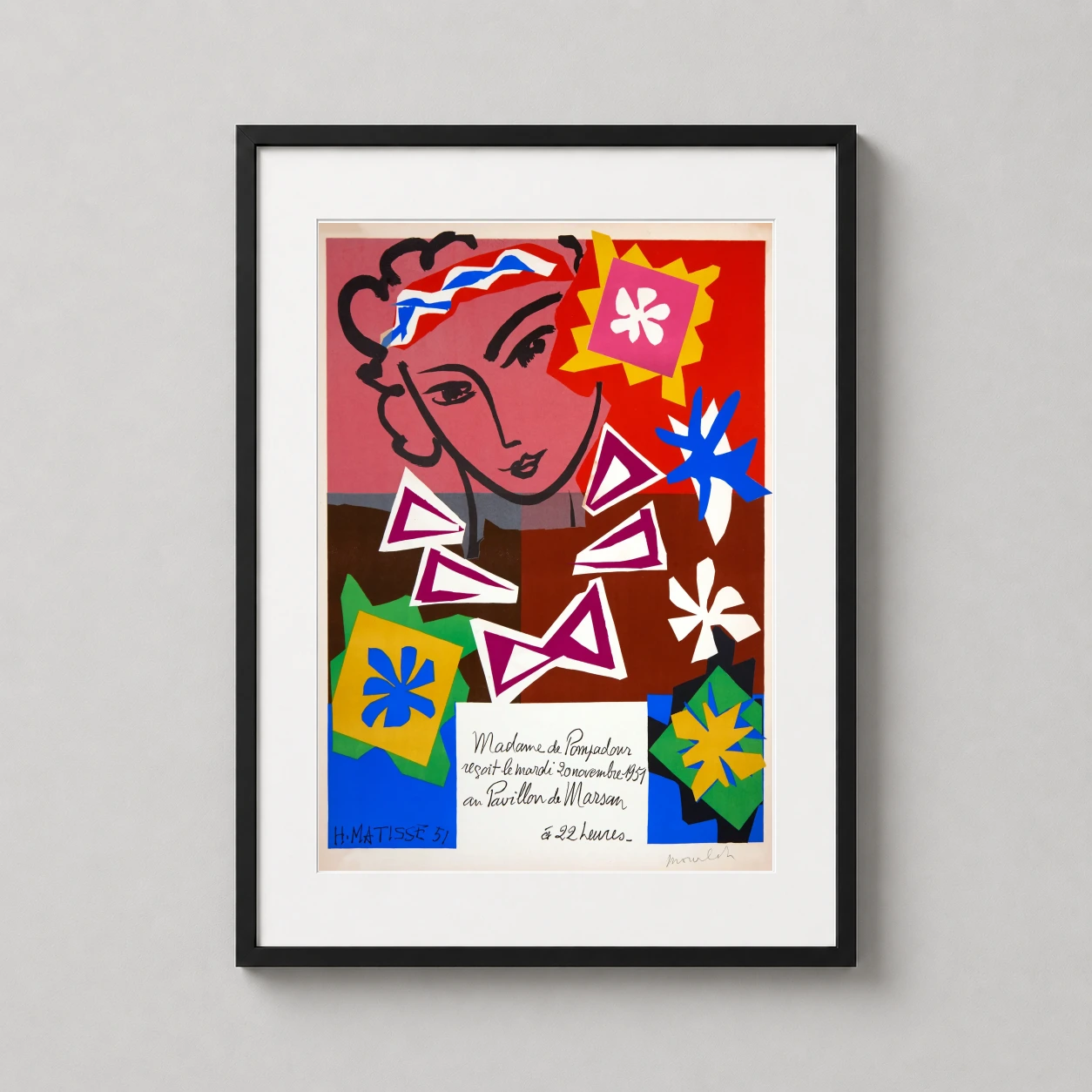 Room mockup of Henri Matisse Madame de Pompadour Exhibition Wall Art Print, displayed as framed wall art in a living room setting as a portrait print.
