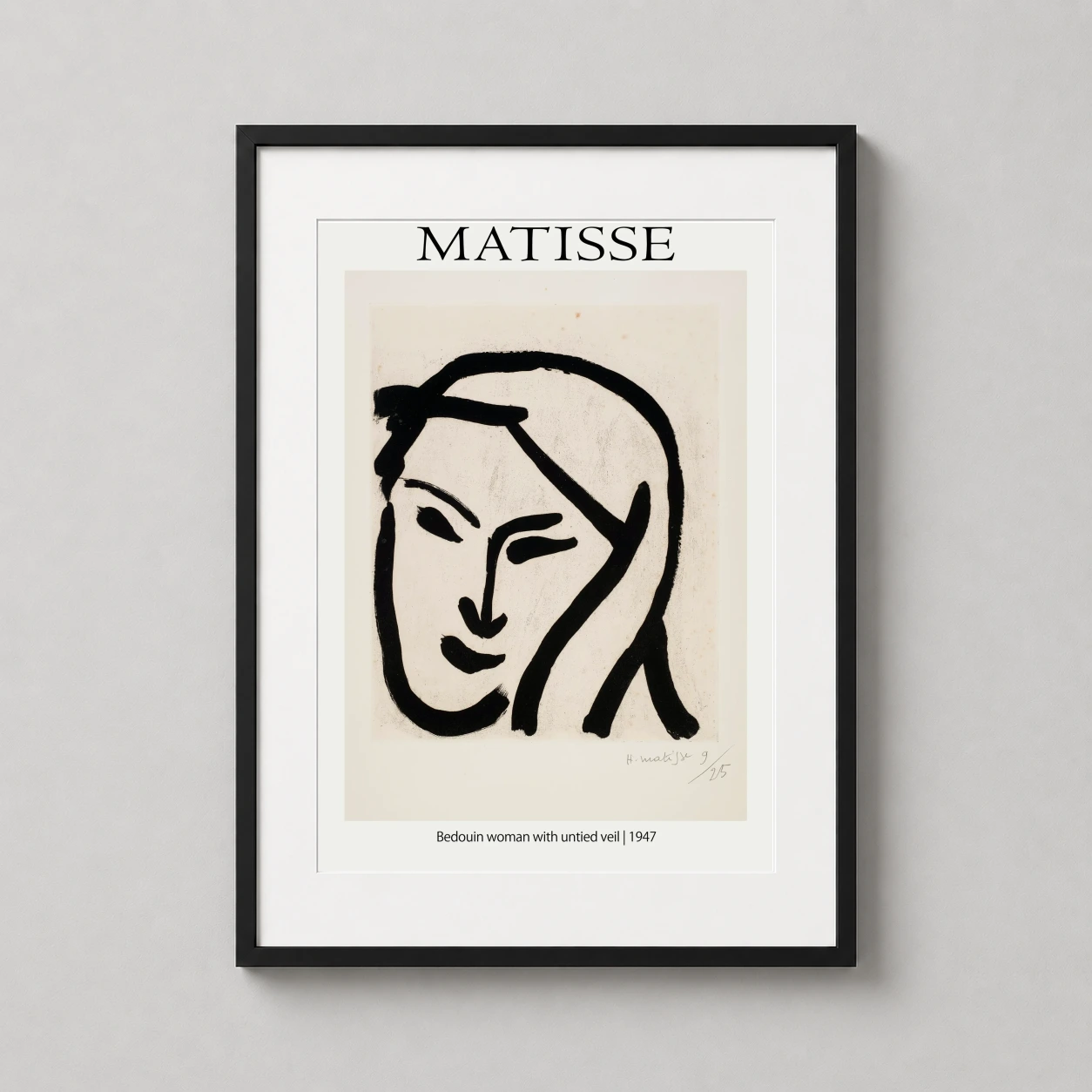 Room mockup of Henri Matisse Bedouin Woman with Untied Veil 1947 Art Print, displayed as framed wall art in a living room setting as a portrait print with black and white tones.