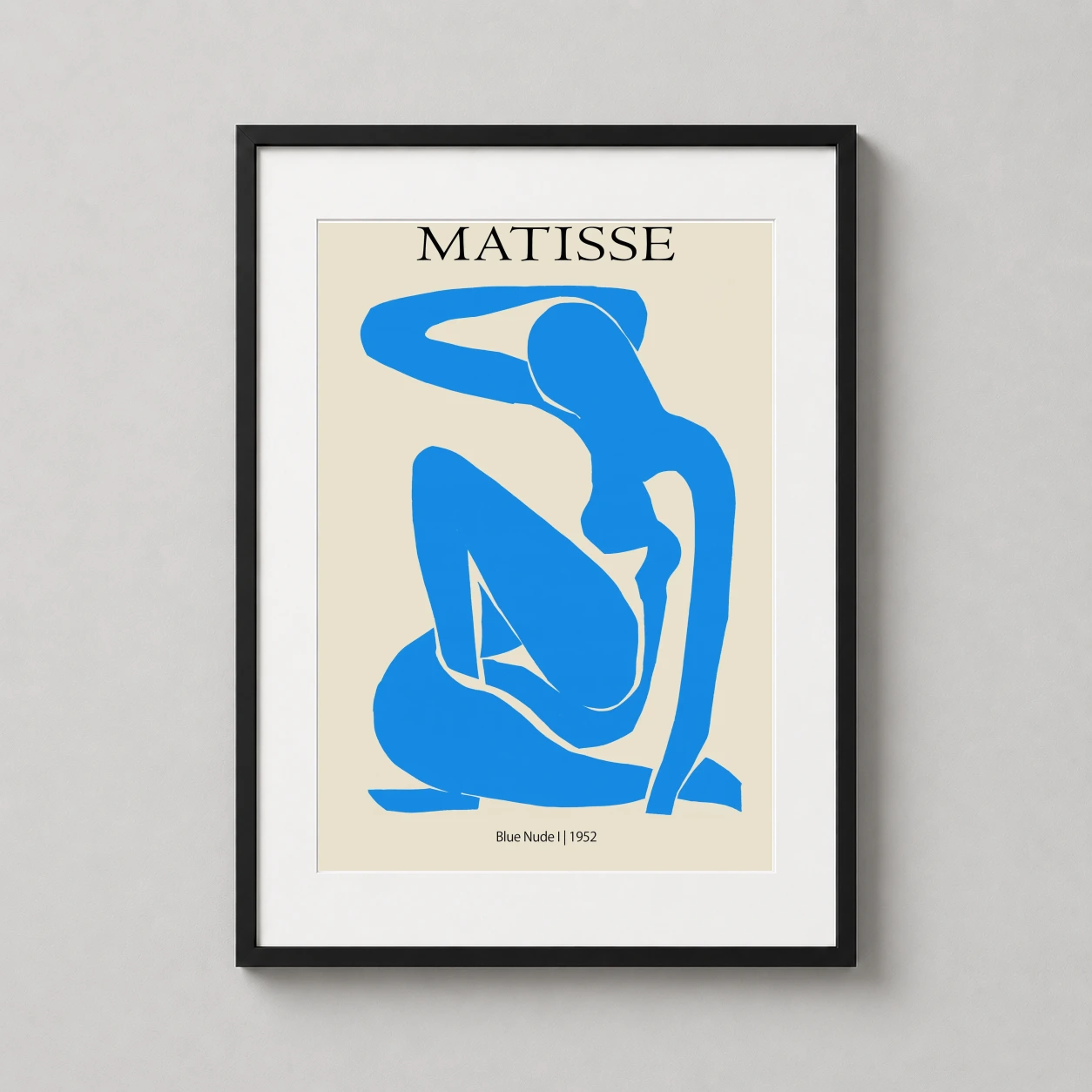 Blue Nude I Henri — abstract blue silhouette of a seated female figure against a neutral