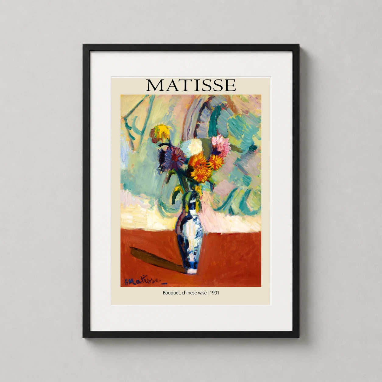 Room mockup of Matisse Bouquet Chinese Vase 1901 Impressionist Fine Art Print, displayed as framed wall art in a living room setting as a portrait print with blue, yellow, and pink tones.