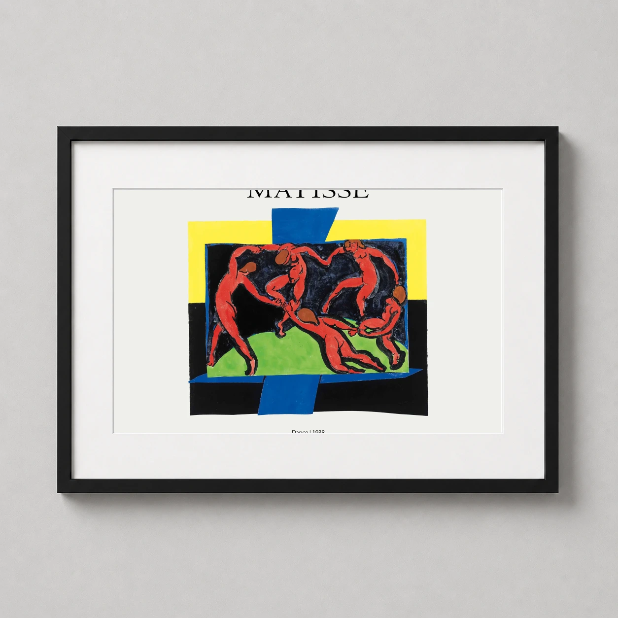 Room mockup of Matisse Dance 1938 Modern Fauvism Abstract Art Print, displayed as framed wall art in a living room setting as a landscape print with blue, green, and yellow tones.
