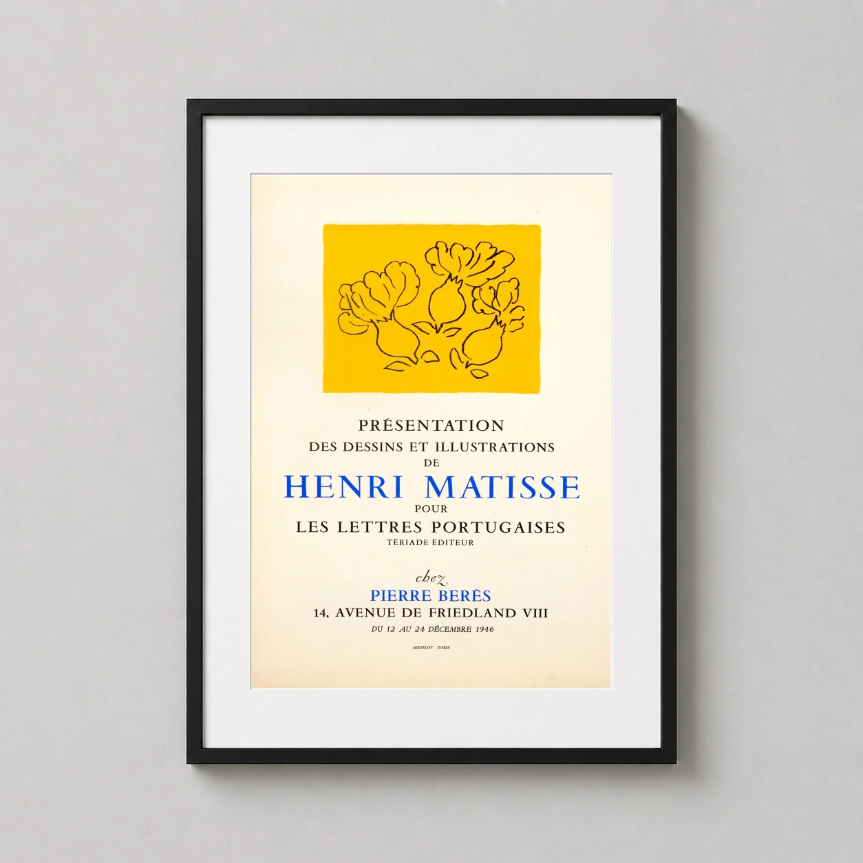 Room mockup of Henri Matisse Les Lettres Portugaises 1946 Exhibition Art Print, displayed as framed wall art in a living room setting as a portrait print with blue and yellow tones.