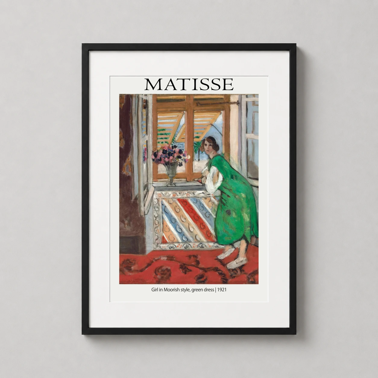 Room mockup of Henri Matisse Girl in Moorish Style Green Dress Exhibition Wall Art Print, displayed as framed wall art in a living room setting as a portrait print with green tones.