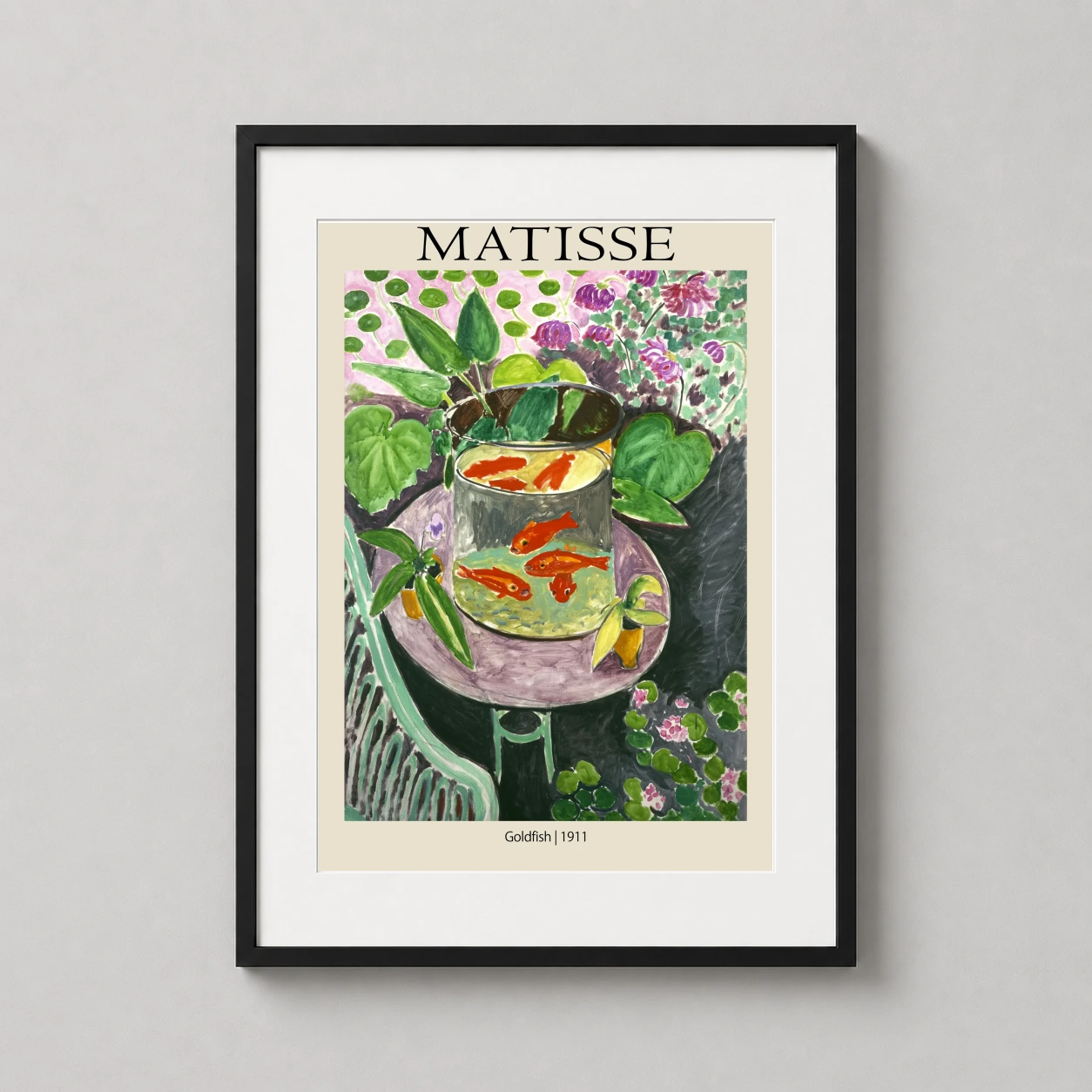 Room mockup of Henri Matisse Goldfish 1911 Painting Fauvist Museum Art Print, displayed as framed wall art in a living room setting as a portrait print with green, orange, and purple tones.
