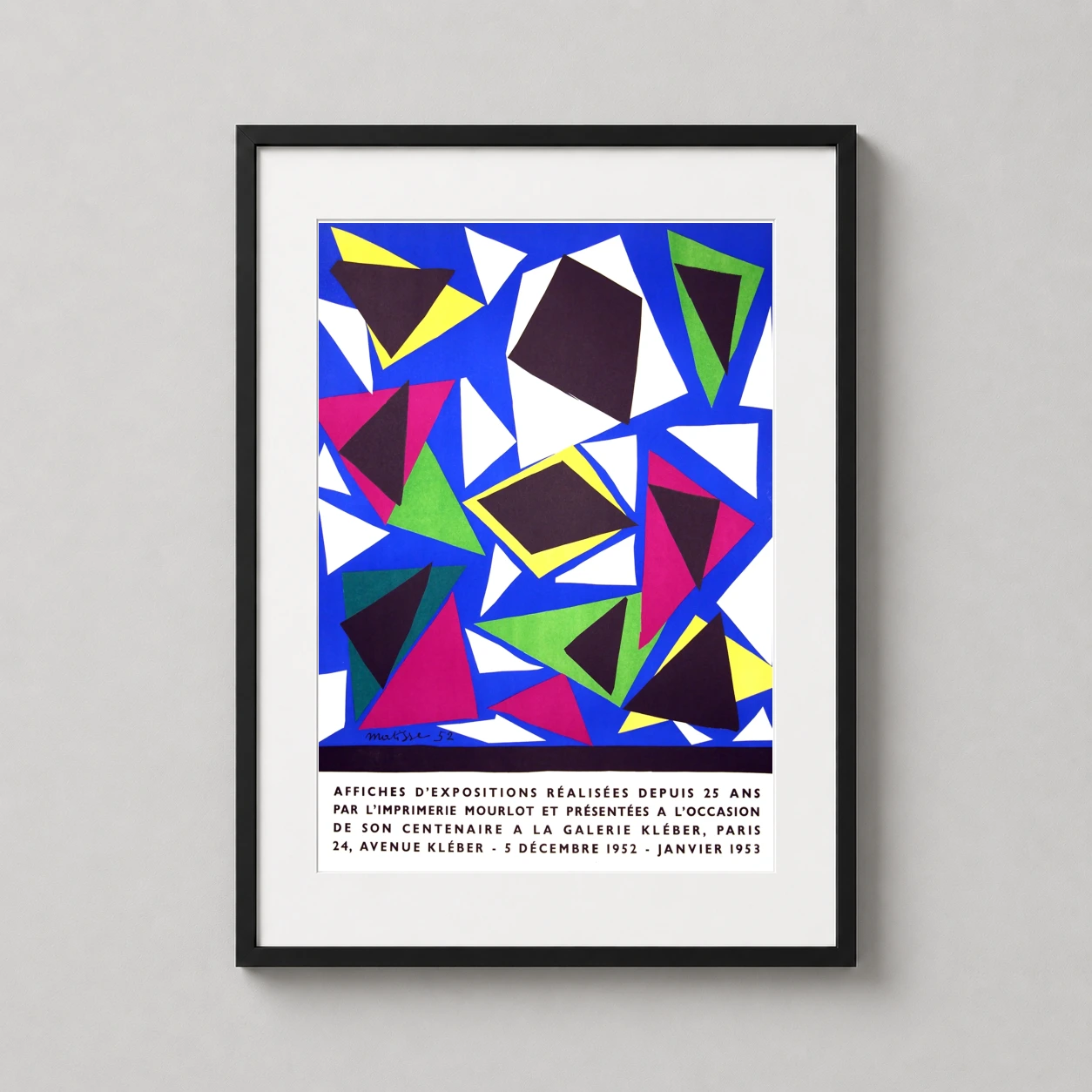 Room mockup of Matisse Centenaire de l'Imprimerie Mourlot 1953 Exhibition Print, displayed as framed wall art in a living room setting as a portrait print with blue, green, and yellow tones.