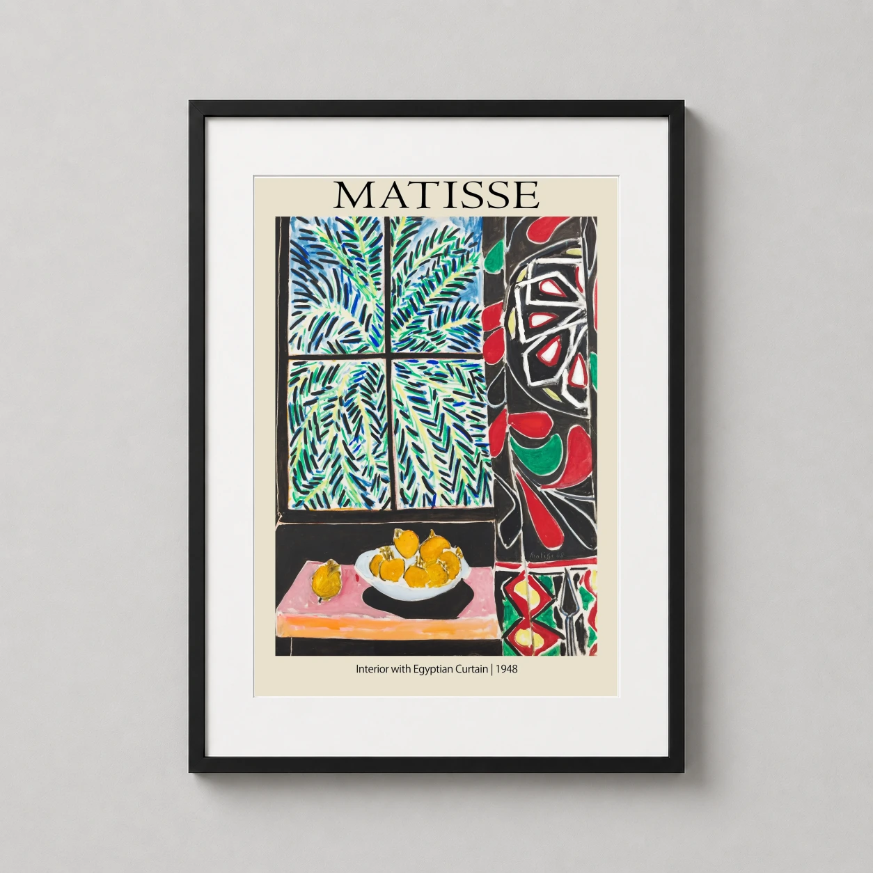 Room mockup of Henri Matisse Interior with Egyptian Curtain Fine Art Print, displayed as framed wall art in a living room setting as a portrait print with blue and yellow tones.