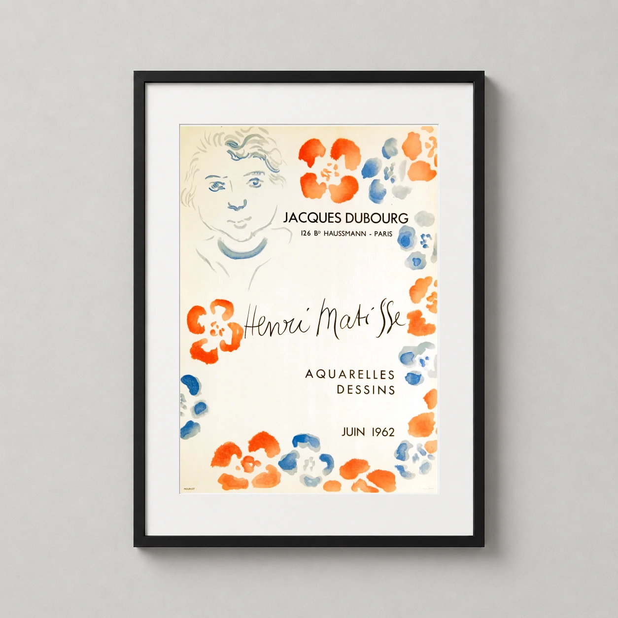 Room mockup of Henri Matisse 1962 Jacques Dubourg Paris Exhibition Poster, displayed as framed wall art in a living room setting as a portrait print with blue and orange tones.