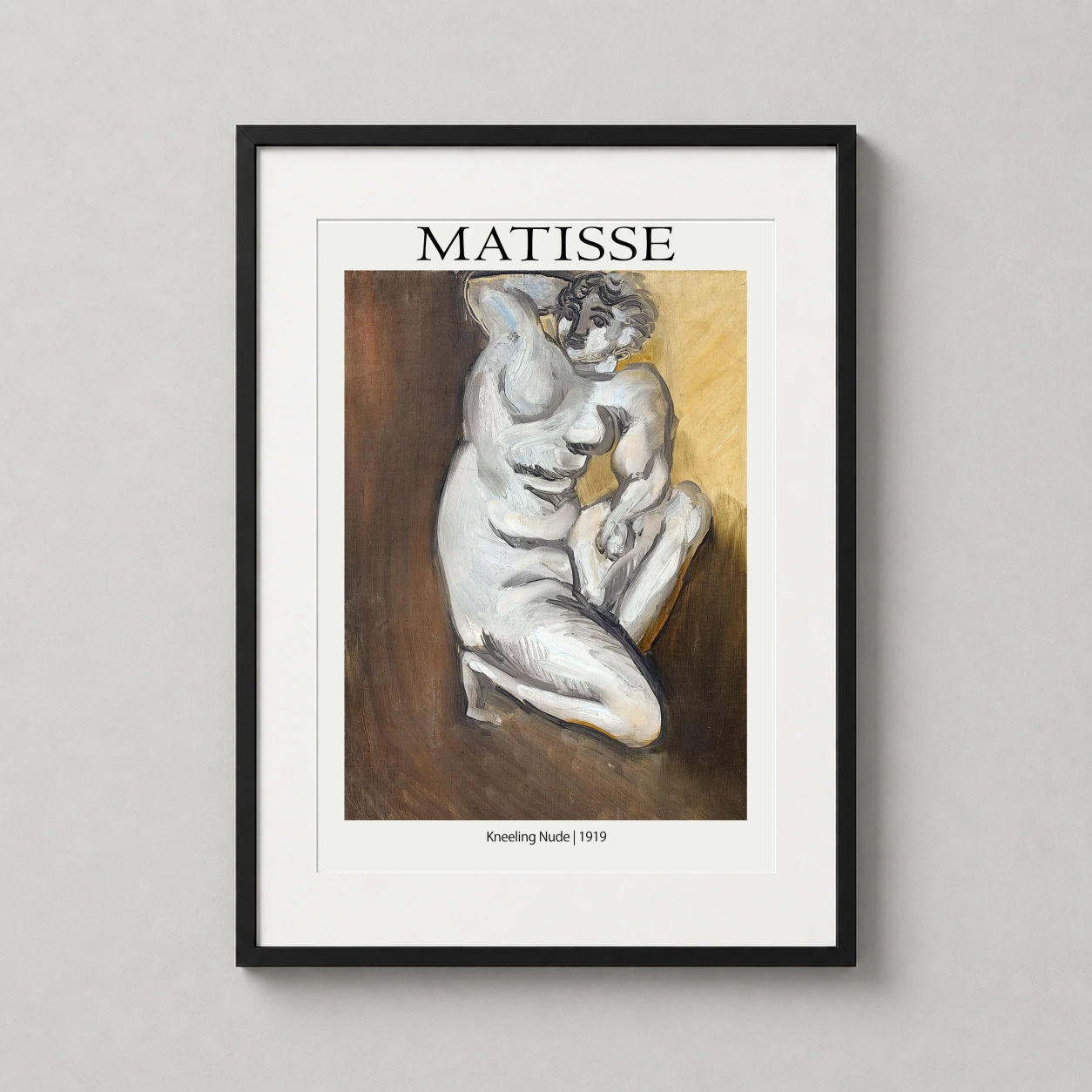 Room mockup of Classic Henri Matisse Kneeling Nude 1919 Exhibition Art Print, displayed as framed wall art in a bedroom setting as a portrait print with yellow, grey, and white tones.