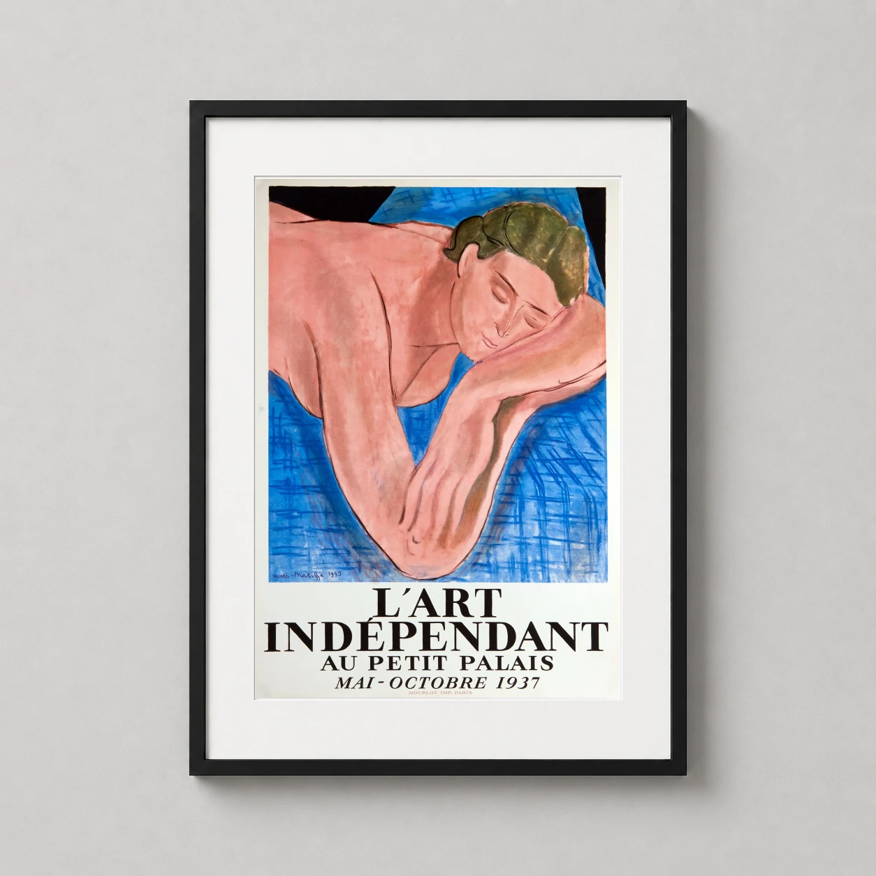 Room mockup of Petit Palais 1937 Matisse L'Art Indépendant Exhibition Art Print, displayed as framed wall art in a living room setting as a portrait print with blue and pink tones.