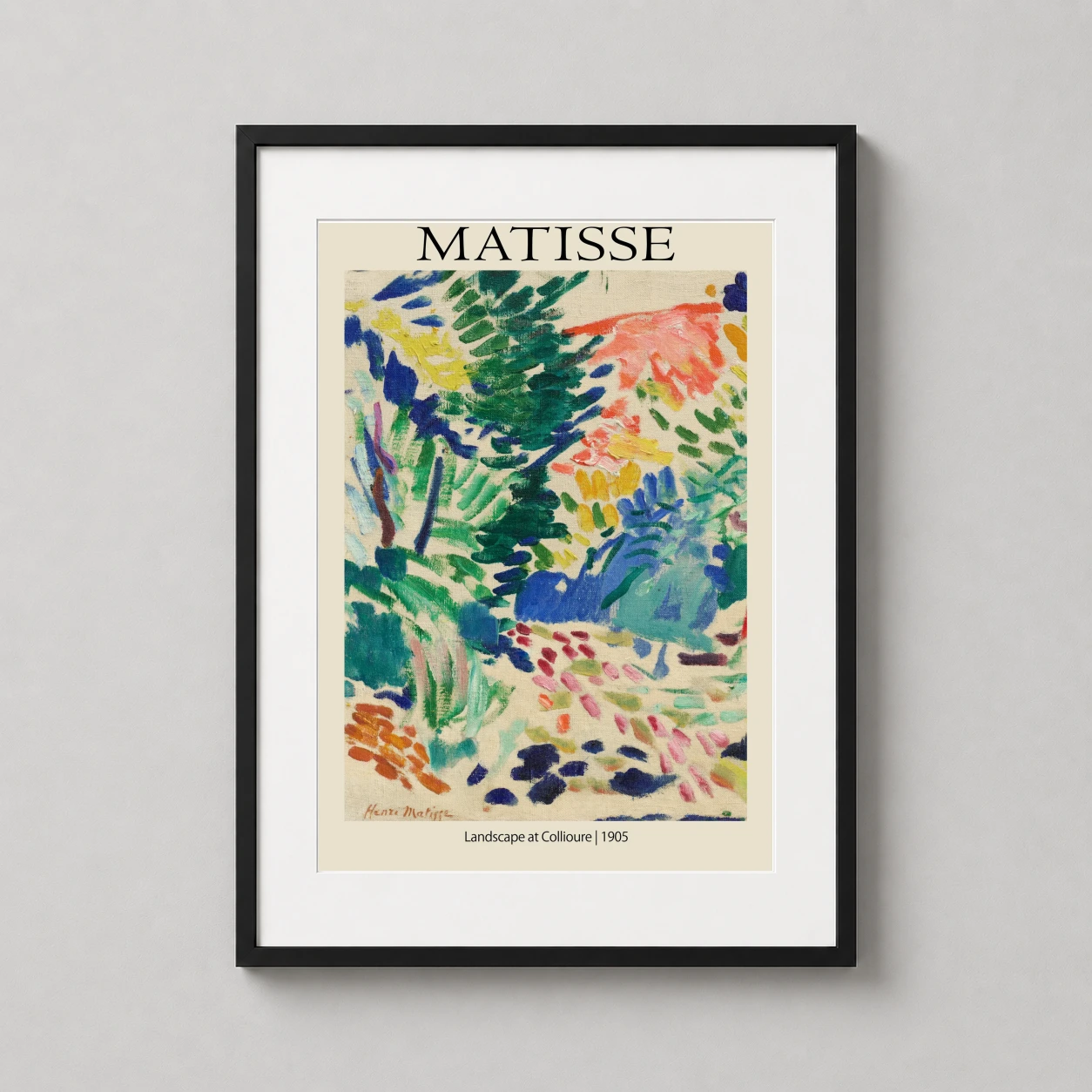 Room mockup of Matisse Landscape at Collioure 1905 Fauvism Art Print, displayed as framed wall art in a living room setting as a portrait print with blue, green, and orange tones.