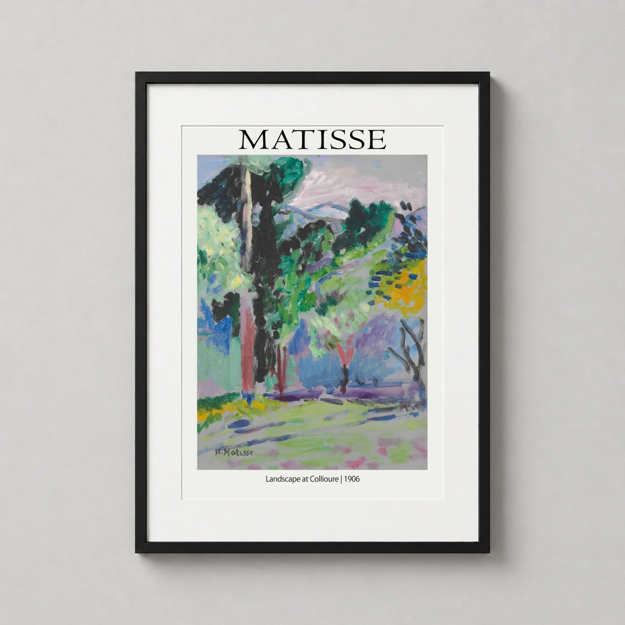 Room mockup of Matisse Landscape at Collioure 1906 Expressionist Art Print, displayed as framed wall art in a living room setting as a portrait print with blue tones.