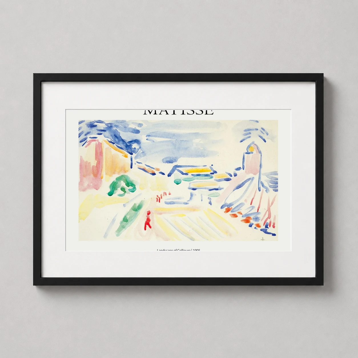 Room mockup of Henri Matisse Landscape of Collioure 1905 Fauvism Art Print, displayed as framed wall art in a living room setting as a landscape print with blue, yellow, and red tones.