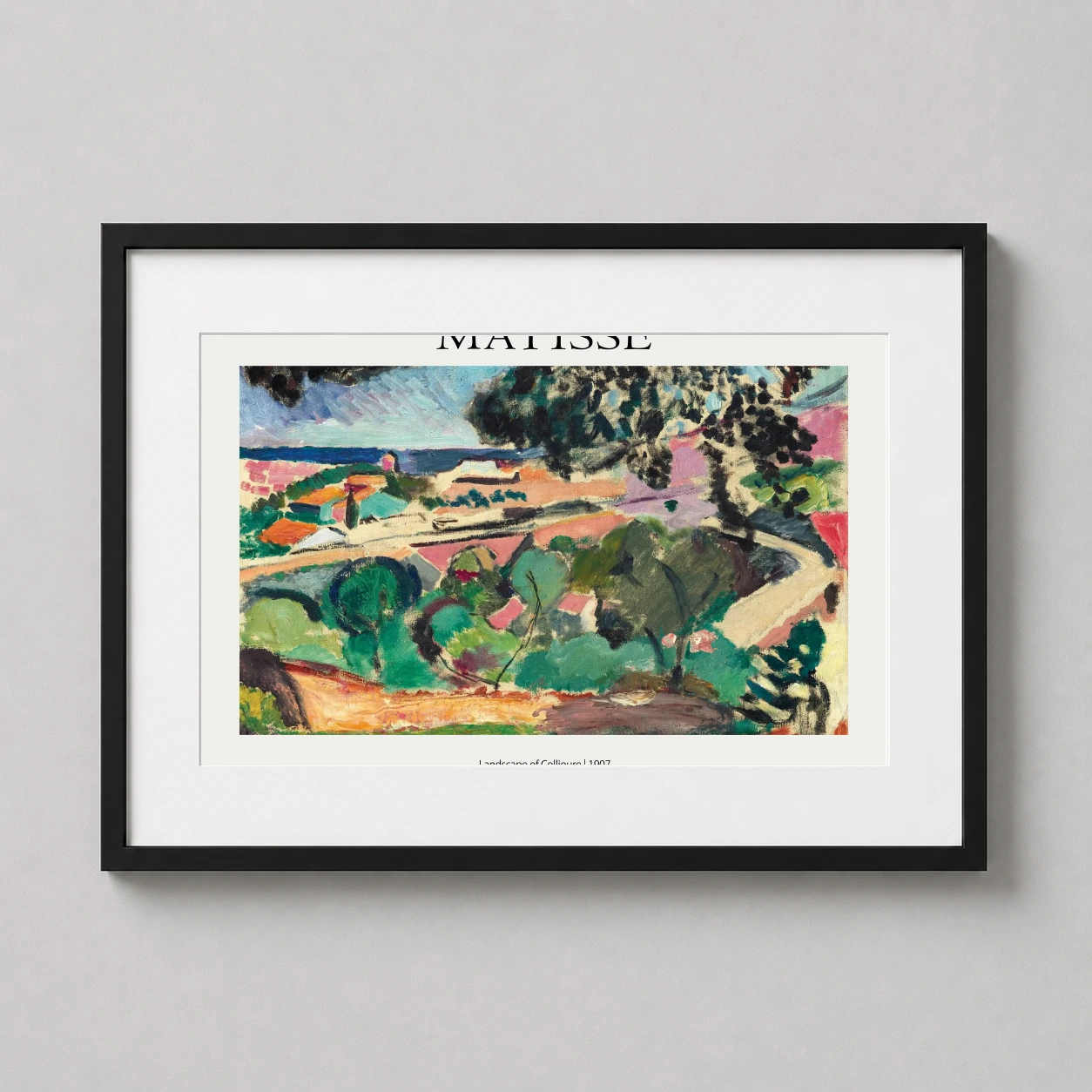 Room mockup of Matisse Landscape of Collioure 1907 Exhibition Art Print, displayed as framed wall art in a living room setting as a landscape print with teal, yellow, and pink tones.