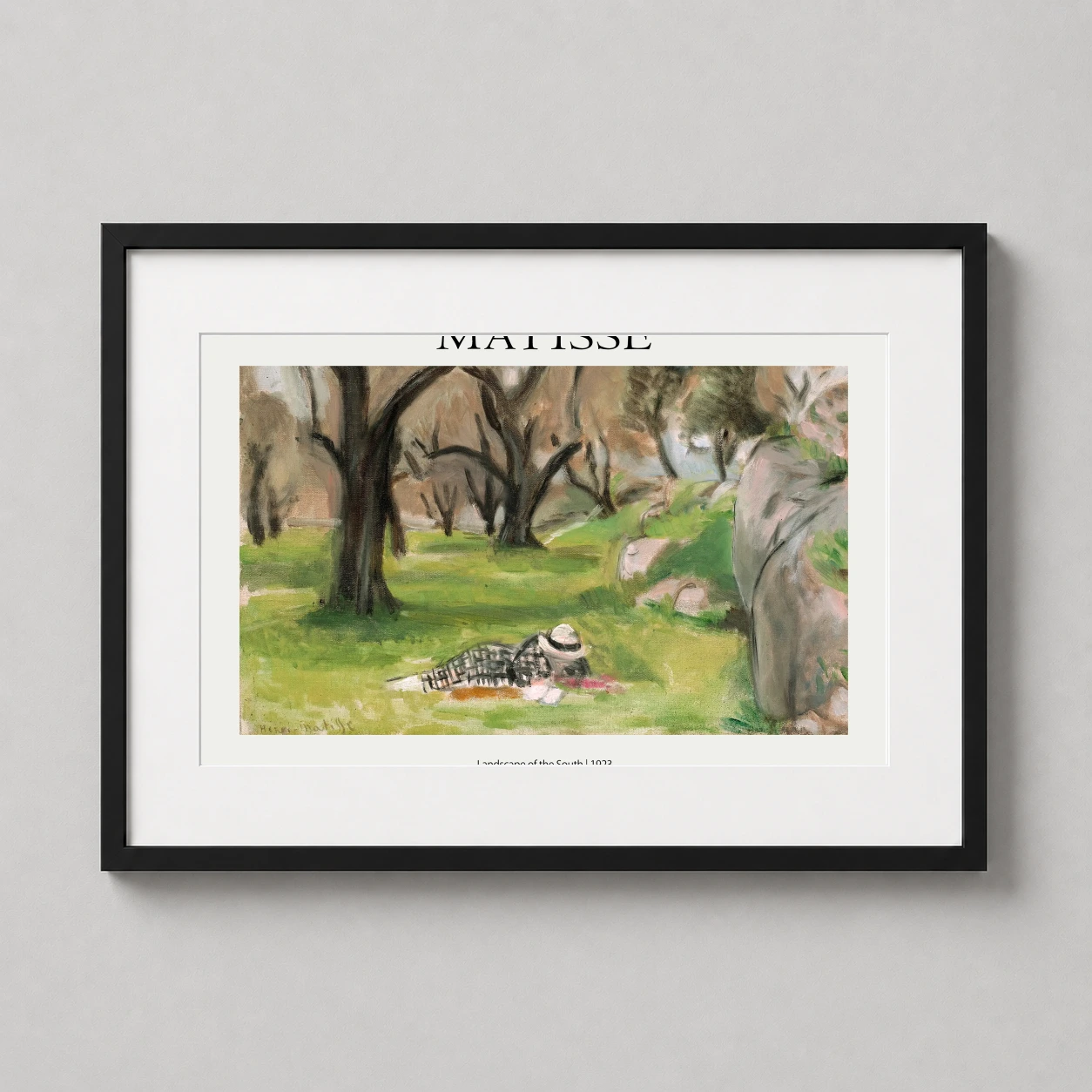 Room mockup of Henri Matisse Landscape of the South, 1923 Fine Art Print, displayed as framed wall art in a living room setting as a landscape print with green tones.