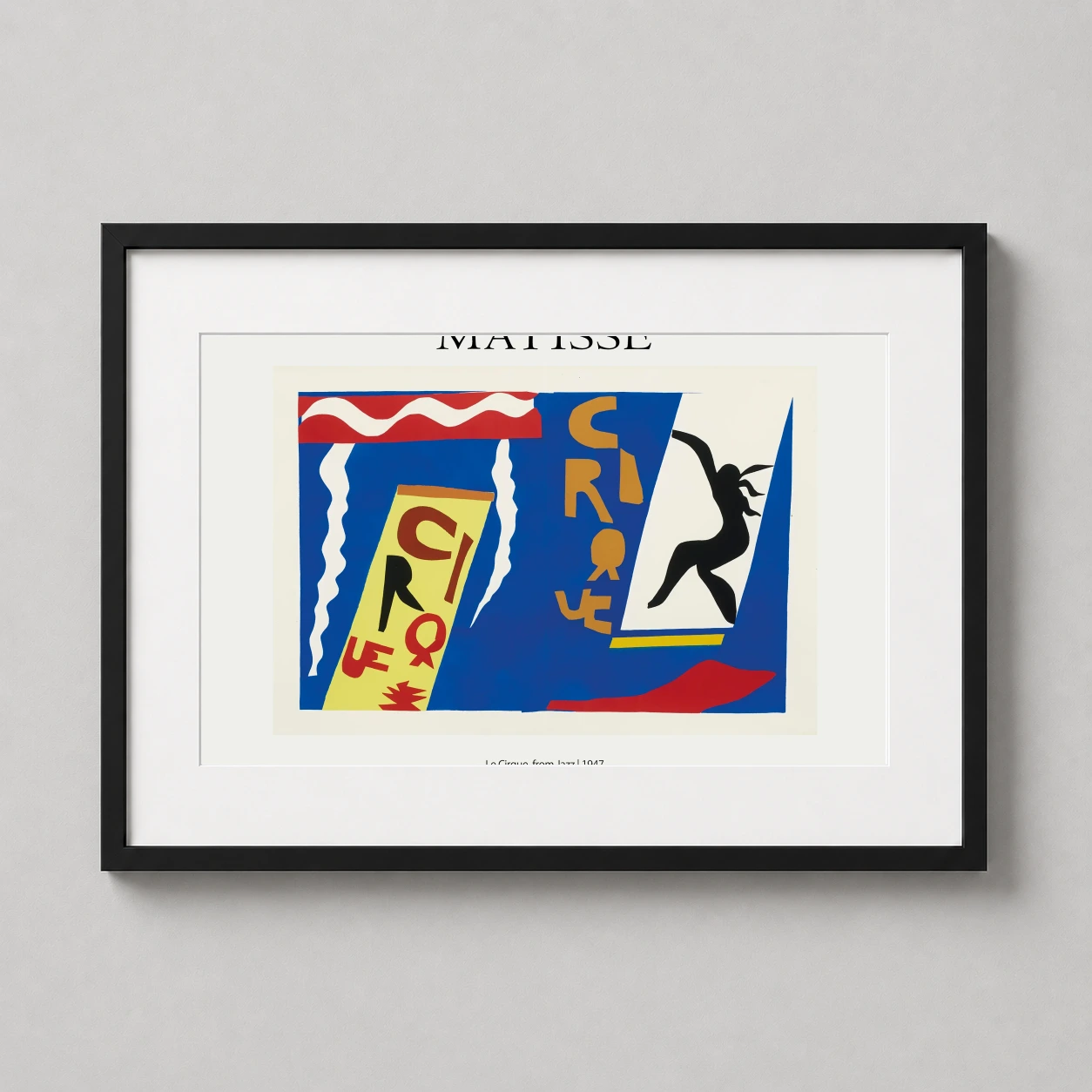 Room mockup of Matisse Le Cirque Jazz 1947 Abstract Modern Art Print, displayed as framed wall art in a living room setting as a landscape print with blue, yellow, and red tones.