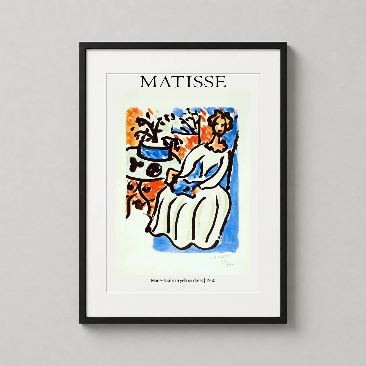 Room mockup of Marie-José in a Yellow Dress (1950) by Henri Matisse Art Print, displayed as framed wall art in a living room setting as a portrait print with blue, yellow, and black tones.