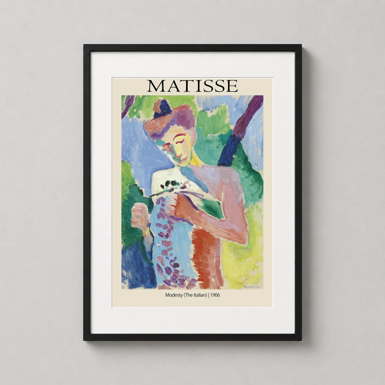 Room mockup of Matisse Modesty The Italian 1906 Exhibition Art Print, displayed as framed wall art in a living room setting as a portrait print with blue, green, and purple tones.