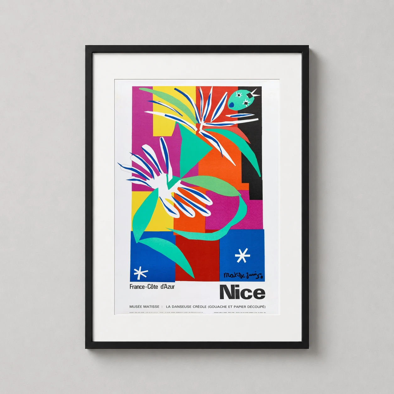 Room mockup of Matisse La Danseuse Créole Nice France Exhibition Art Print, displayed as framed wall art in a living room setting as a portrait print with blue tones.
