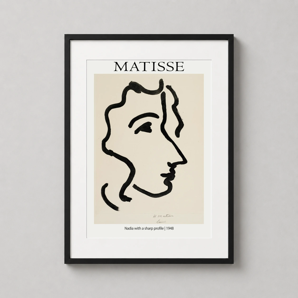 Room mockup of Matisse Nadia with a Sharp Profile 1948 Minimalist Art Print, displayed as framed wall art in a living room setting as a portrait print with cream and black tones.