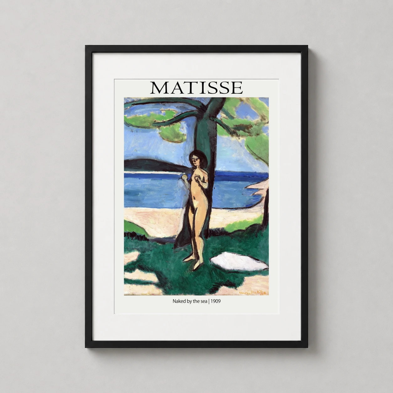 Room mockup of Henri Matisse Naked by the Sea 1909 Fauvist Landscape Art Print, displayed as framed wall art in a bedroom setting as a portrait print with blue and green tones.
