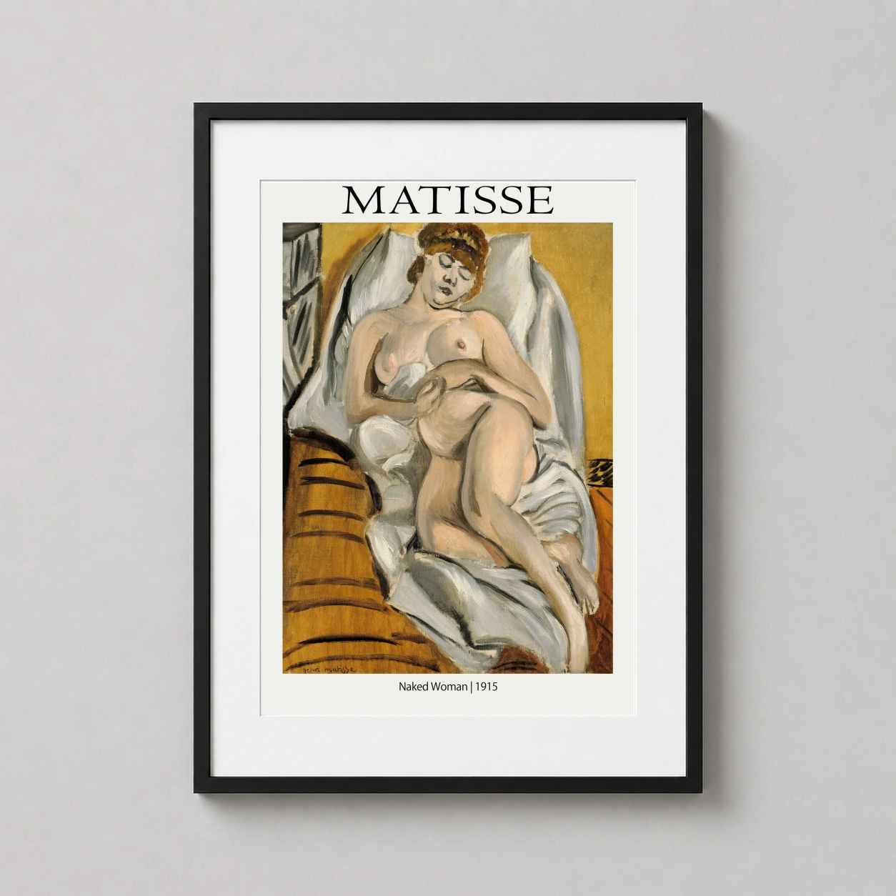 Room mockup of Matisse Naked Woman 1915 Exhibition Print, Modern Art Wall Art Print, displayed as framed wall art in a living room setting as a portrait print with yellow tones.