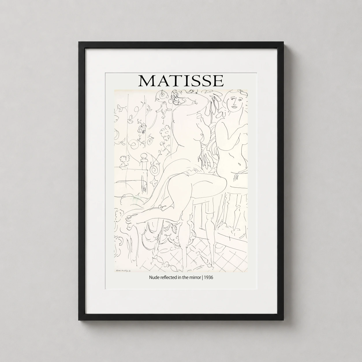 Henri Matisse Nude Reflected — minimalist black ink line drawing of a nude figure reflected in a