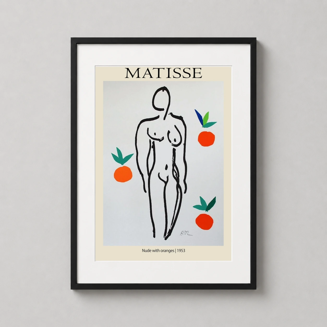 Room mockup of Matisse Nude with Oranges Exhibition Poster, Modern Art Print, displayed as framed wall art in a bedroom setting as a portrait print with green, orange, and cream tones.