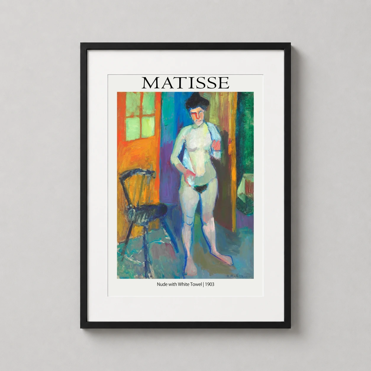 Room mockup of Henri Matisse Nude with White Towel 1903 Exhibition Art Print, displayed as framed wall art in a bedroom setting as a portrait print with blue, teal, and orange tones.