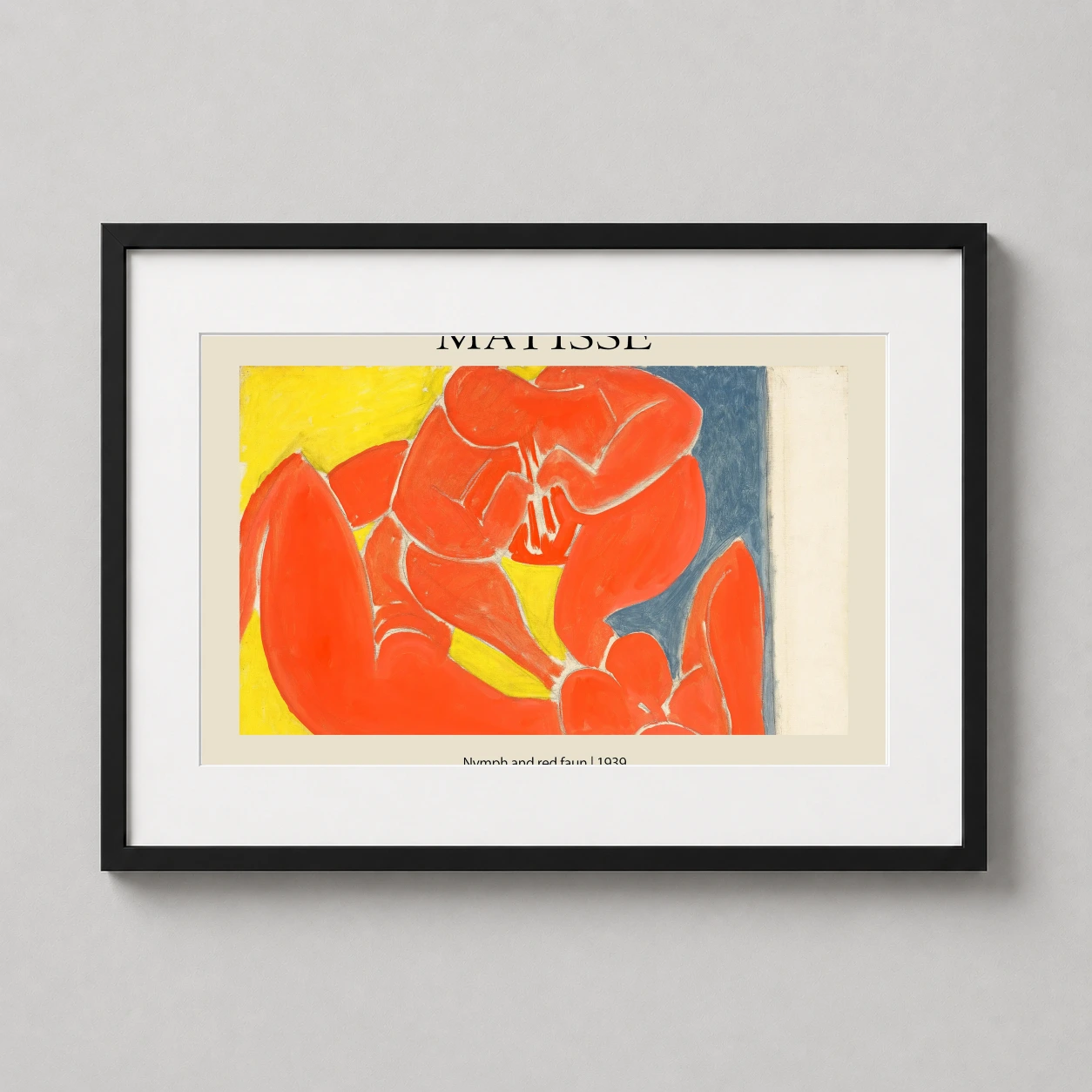 Room mockup of Henri Matisse Nymph and Red Faun 1939 Exhibition Wall Art Print, displayed as framed wall art in a living room setting as a landscape print with blue, yellow, and red tones.