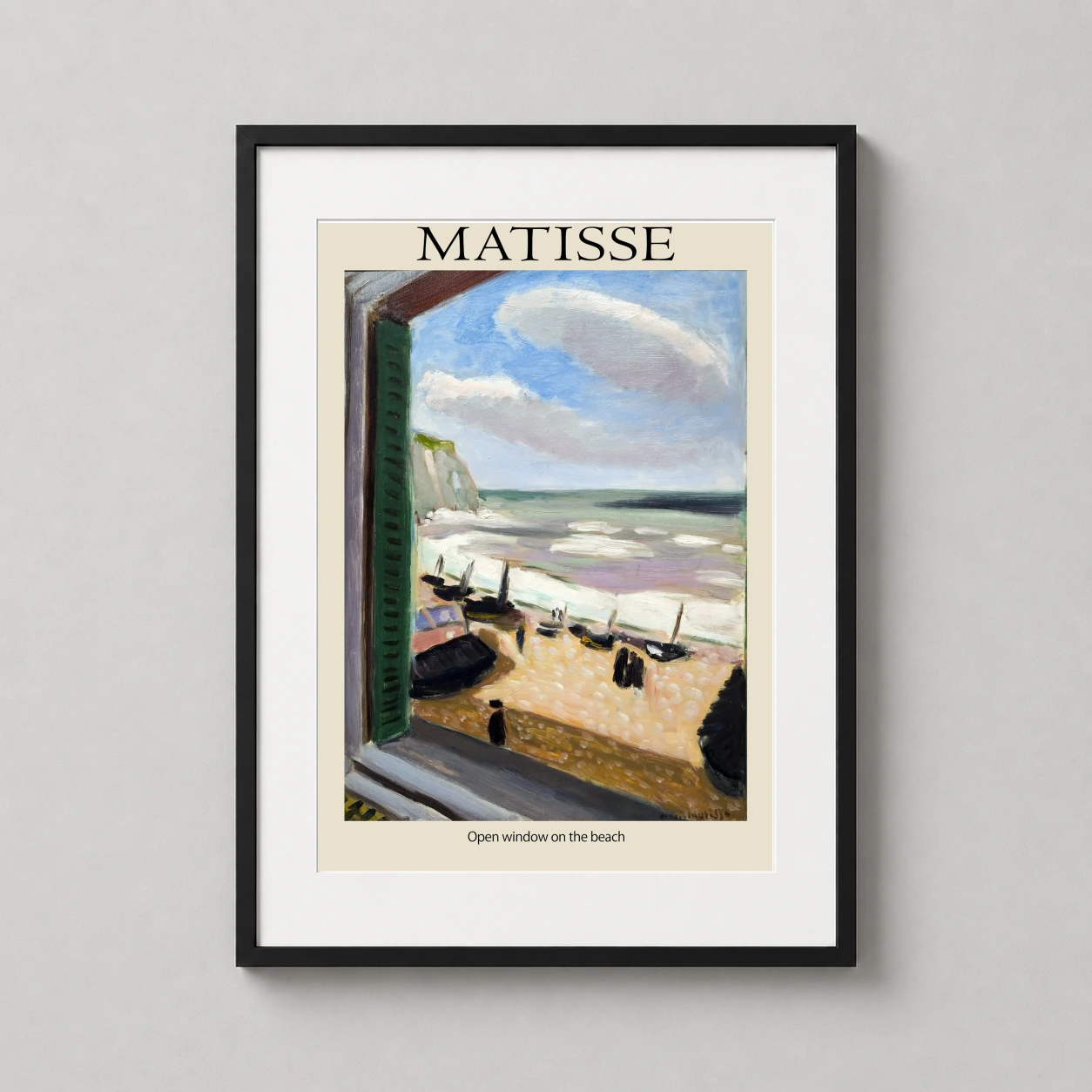 Room mockup of Matisse Open Window on the Beach Coastal Impressionist Art Print, displayed as framed wall art in a bedroom setting as a portrait print with blue and white tones.
