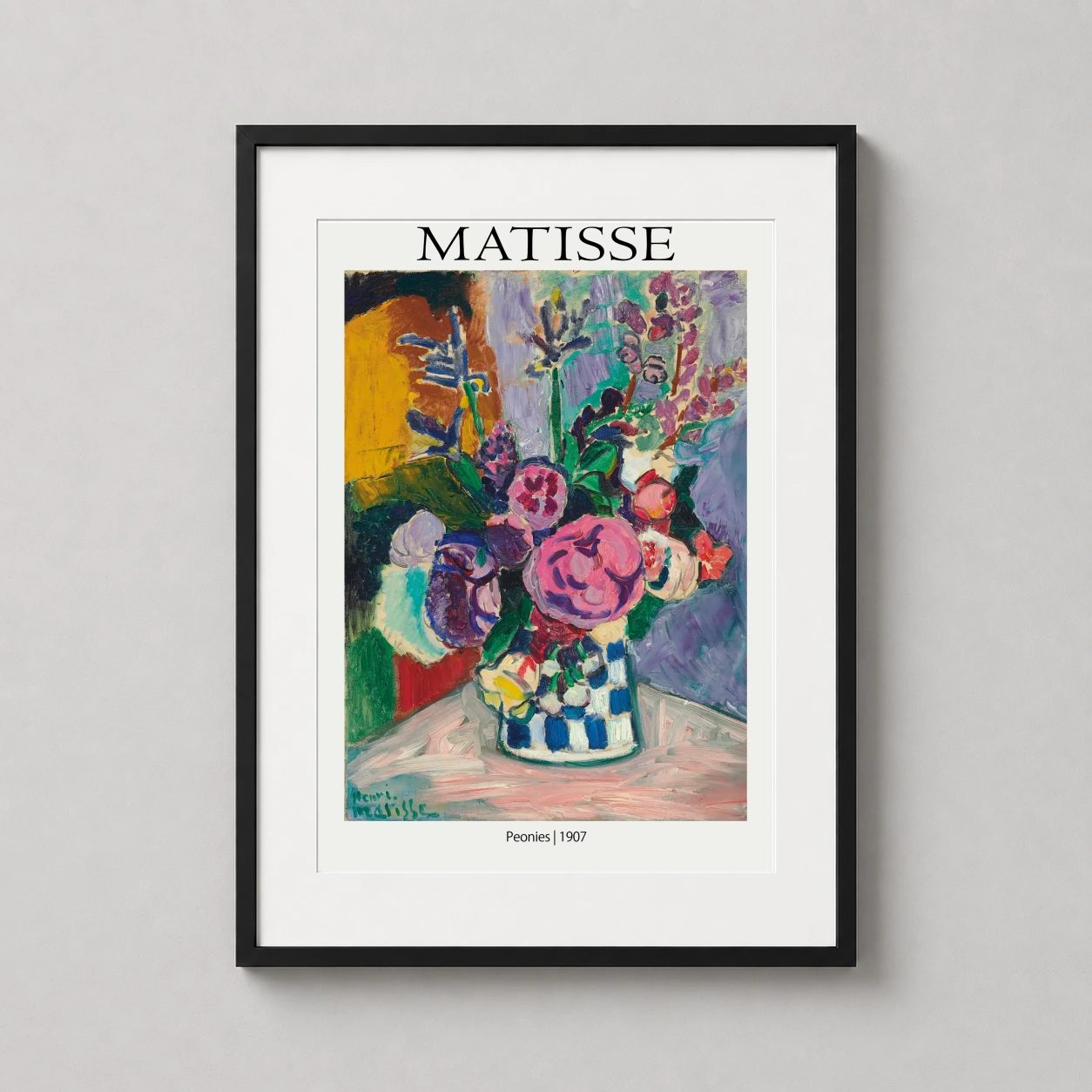 Room mockup of Henri Matisse Peonies 1907 Fauvism Floral Still Life Art Print, displayed as framed wall art in a kitchen setting as a portrait print with blue, pink, and white tones.