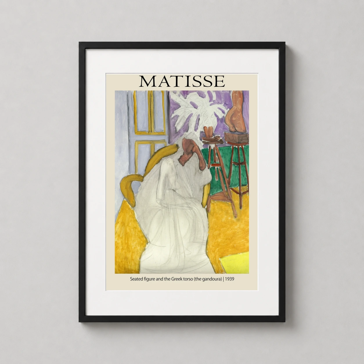 Room mockup of Henri Matisse Seated Figure and Greek Torso 1939 Art Print, displayed as framed wall art in a living room setting as a portrait print with green, yellow, and purple tones.