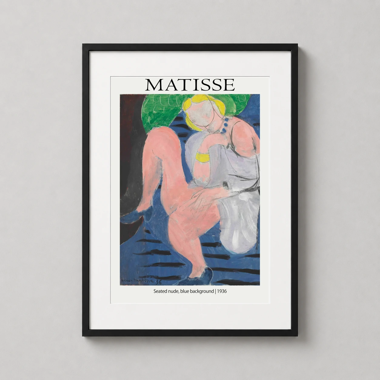Room mockup of Matisse Seated Nude 1936 Blue Background, Exhibition Art Print, displayed as framed wall art in a bedroom setting as a portrait print with blue, green, and yellow tones.