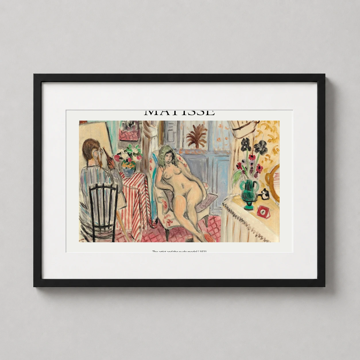 Room mockup of Matisse The Artist and the Nude Model 1921 Exhibition Art Print, displayed as framed wall art in a bedroom setting as a landscape print with orange tones.