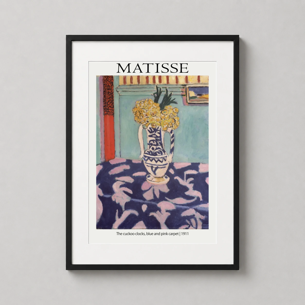 Room mockup of Henri Matisse The Cuckoo Clocks, Blue and Pink Carpet 1911 Art Print, displayed as framed wall art in a living room setting as a portrait print with navy, blue, and yellow tones.