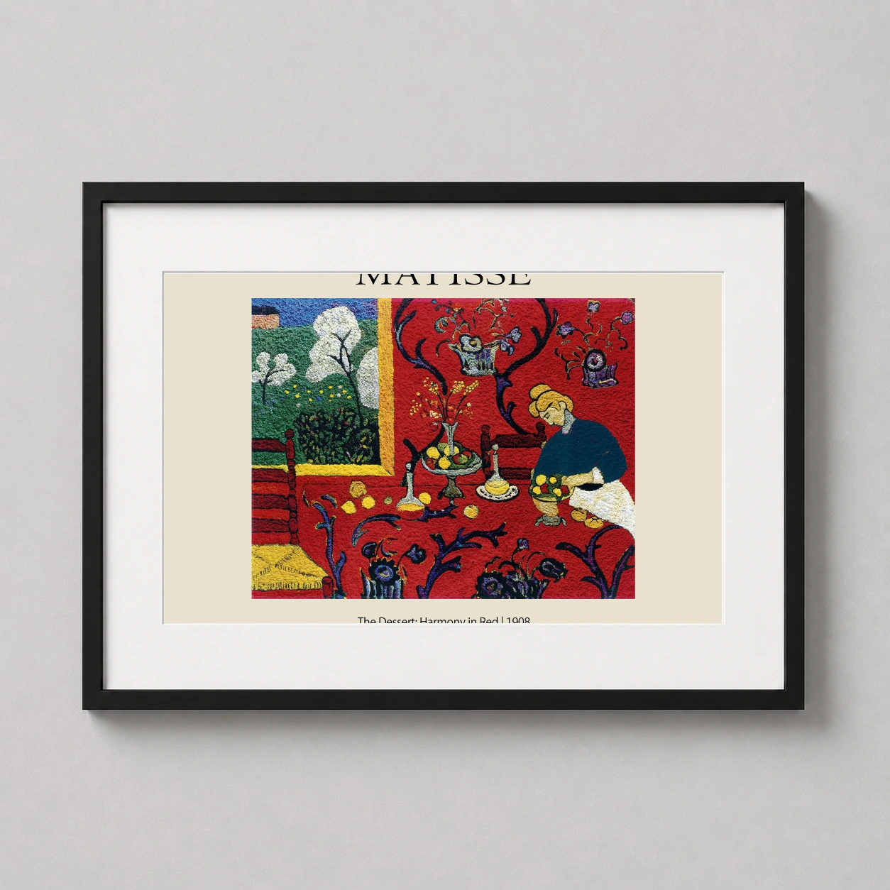 Room mockup of Henri Matisse Harmony in Red, The Dessert 1908 Modern Art Print, displayed as framed wall art in a living room setting as a landscape print with blue, green, and red tones.